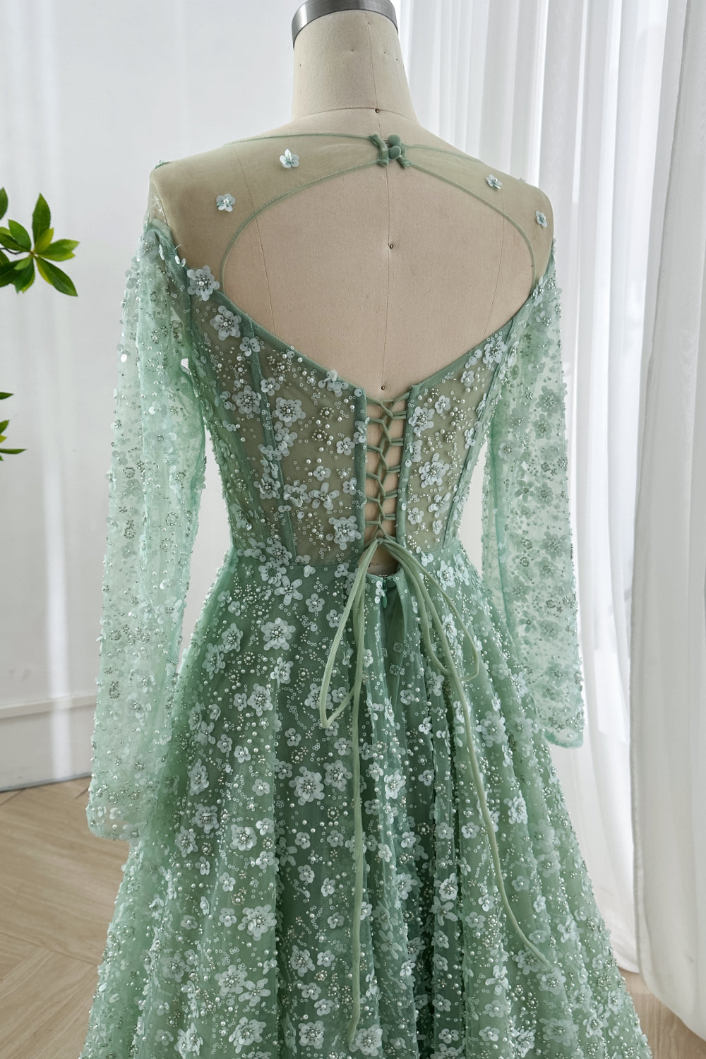 Sage Green Floral Illusion Long Sleeve A-Line Tulle Gown