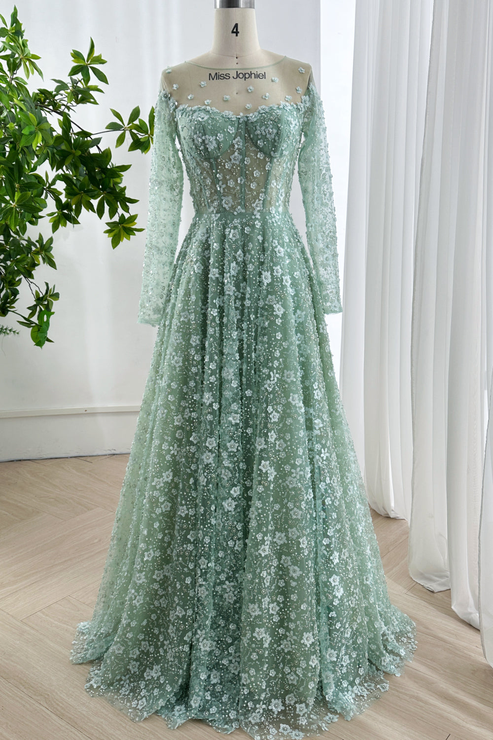 Sage Green Floral Illusion Long Sleeve A-Line Tulle Gown
