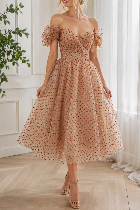 Corset Off the Shoulder Romantic Heart Polka Dot Midi Prom Dress