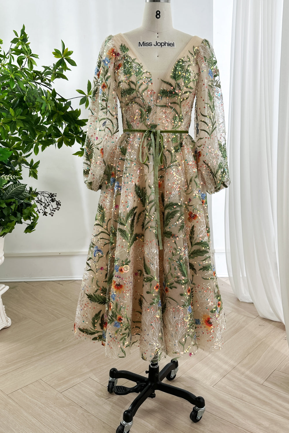 Floral Embroidered Tulle Midi Champagne Dress with Long Sleeves Custom Color / Floor Length / US8 Floral Embroidered Tulle Midi Champagne Dress with Long Sleeves Custom Color / Floor Length / US8
