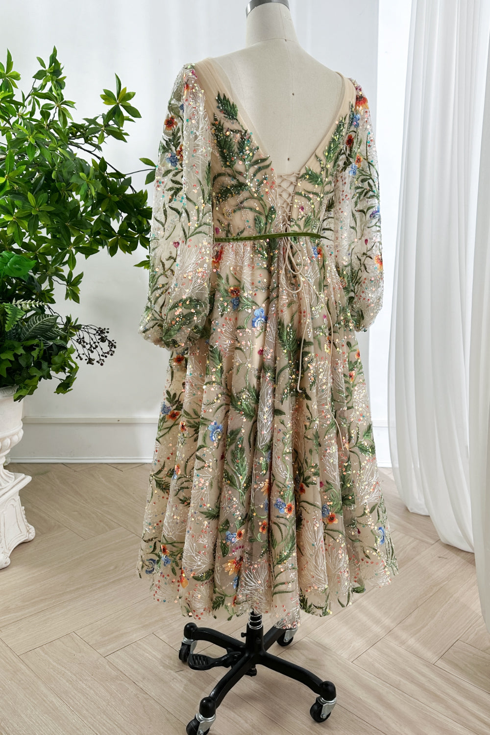 Floral Embroidered Tulle Midi Champagne Dress with Long Sleeves Custom Color / Floor Length / US8 Floral Embroidered Tulle Midi Champagne Dress with Long Sleeves Custom Color / Floor Length / US8