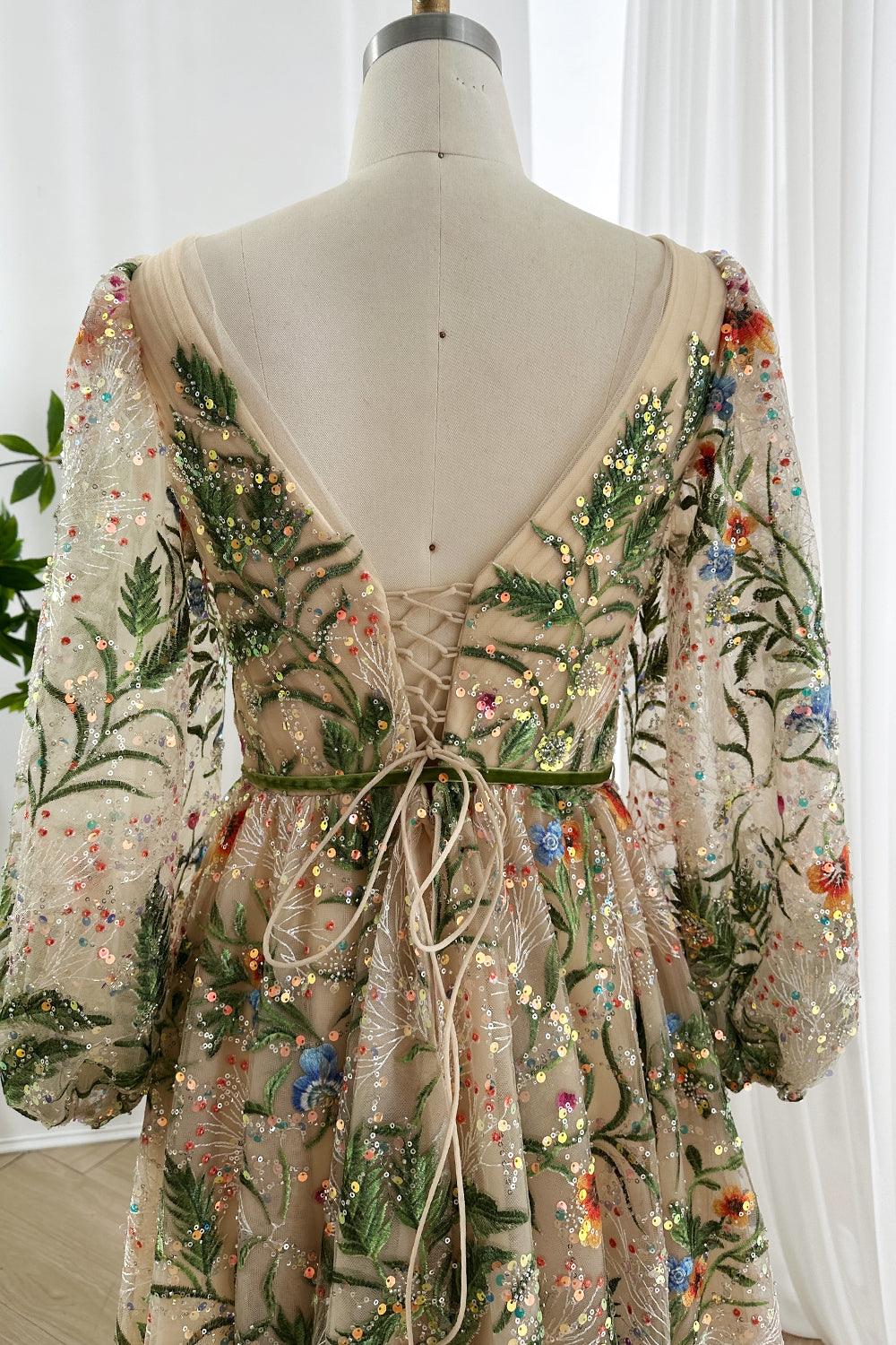 Floral Embroidered Tulle Midi Champagne Dress with Long Sleeves Custom Color / Floor Length / US8 Floral Embroidered Tulle Midi Champagne Dress with Long Sleeves Custom Color / Floor Length / US8