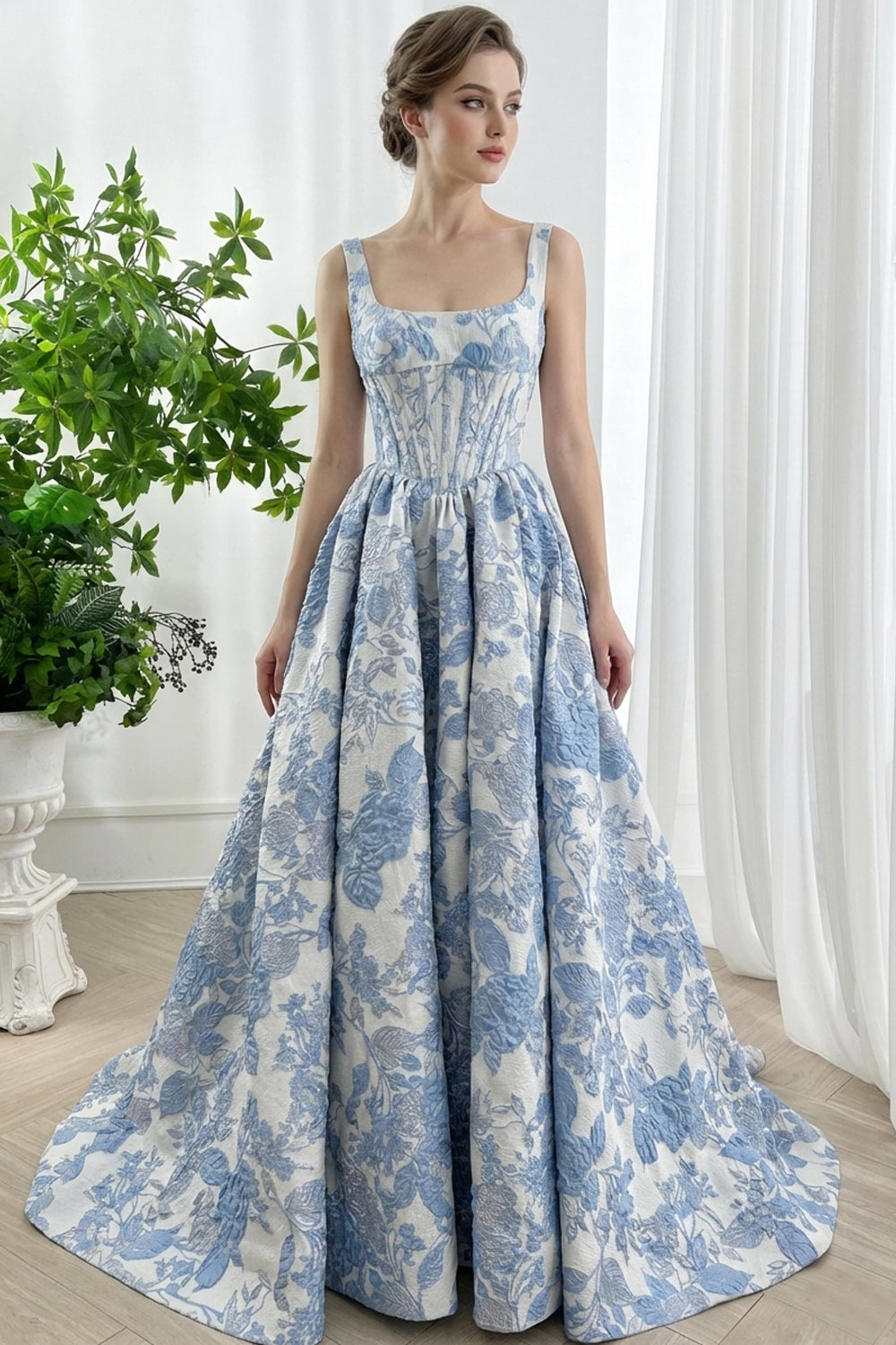 Periwinkle Floral Jacquard Corset Sky Blue Ball Gown
