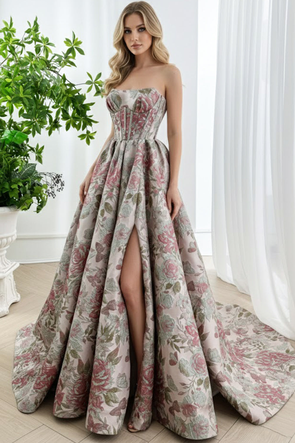MissJophiel Romantic Vintage Pink Blush Rose Floral Ball Gown with Corset Bodice Custom Color / Floor Length / US0 MissJophiel Romantic Vintage Pink Blush Rose Floral Ball Gown with Corset Bodice Custom Color / Floor Length / US0