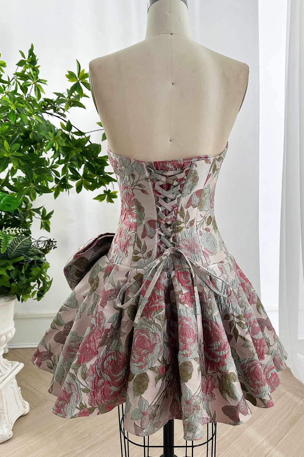 Strapless Floral Jacquard Mini Dress with Bow