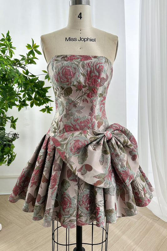 Vintage-Inspired Floral Jacquard Short Dress with Oversized Bow