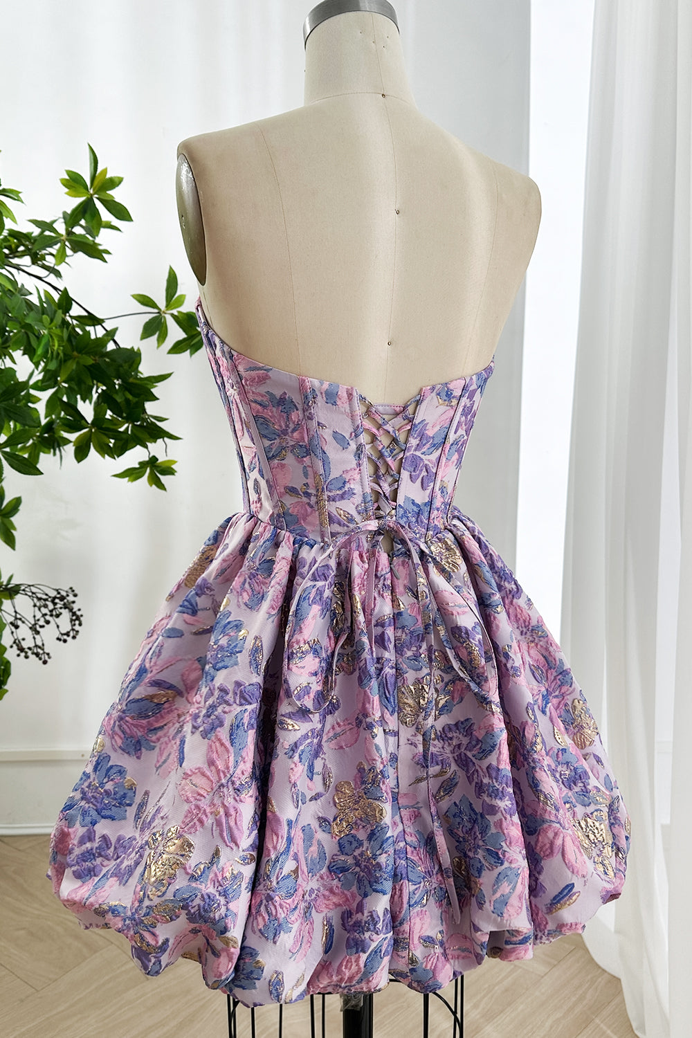 Lilac Floral Brocade Corset Mini Dress with Bubble Skirt