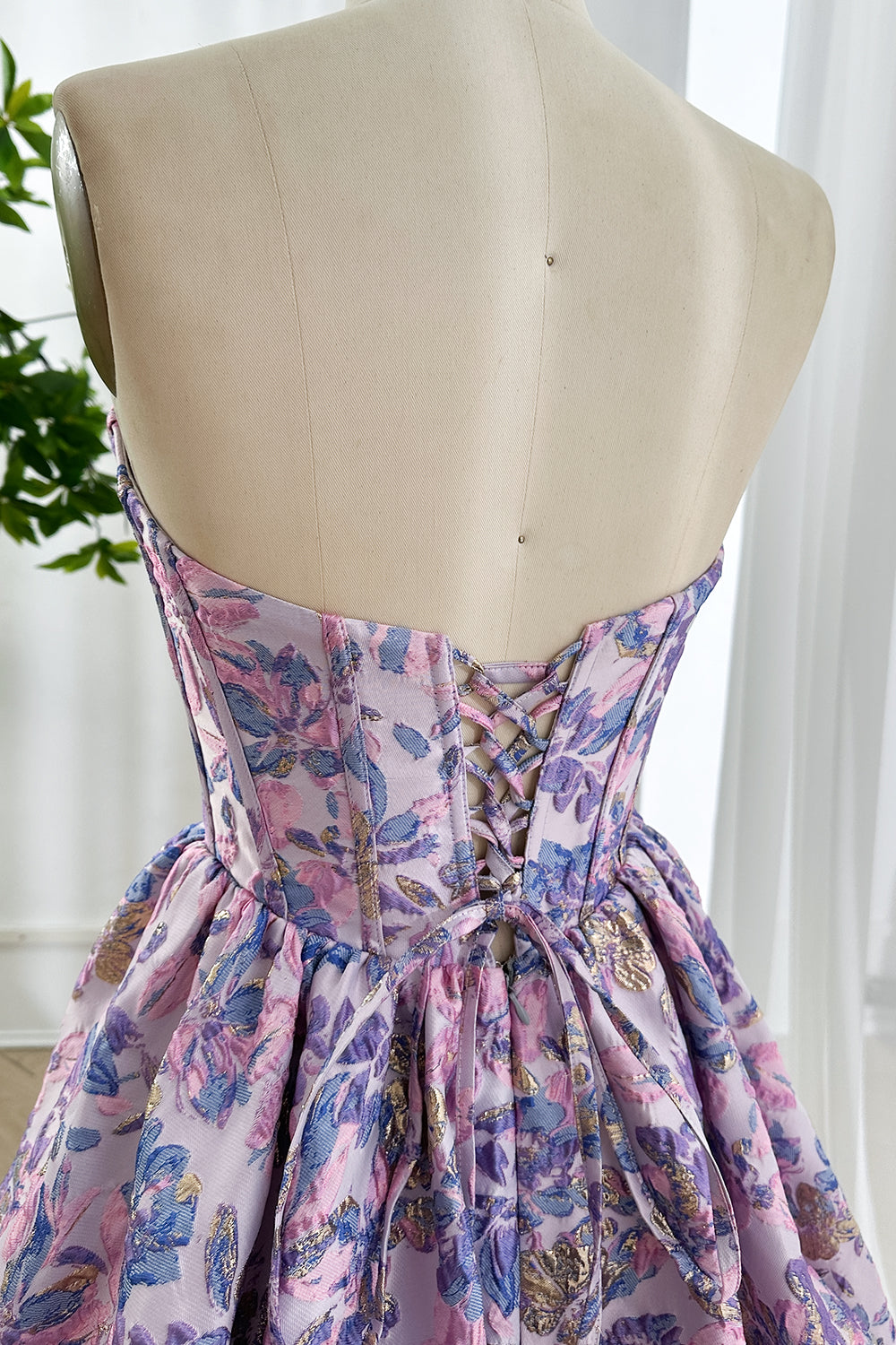 Lilac Floral Brocade Corset Mini Dress with Bubble Skirt