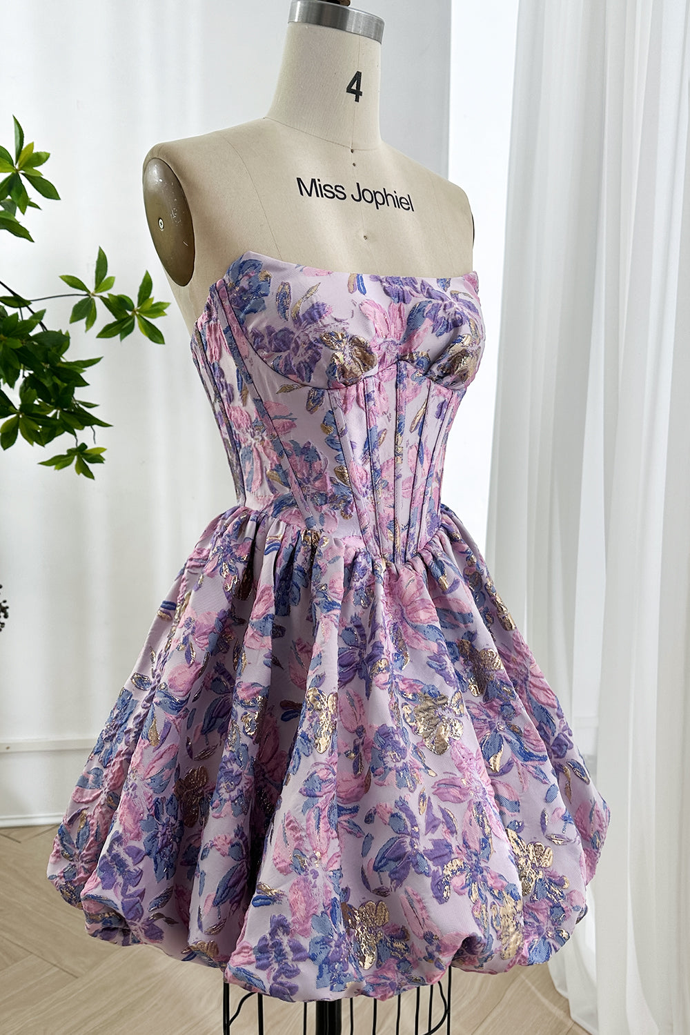 Lilac Floral Brocade Corset Mini Dress with Bubble Skirt