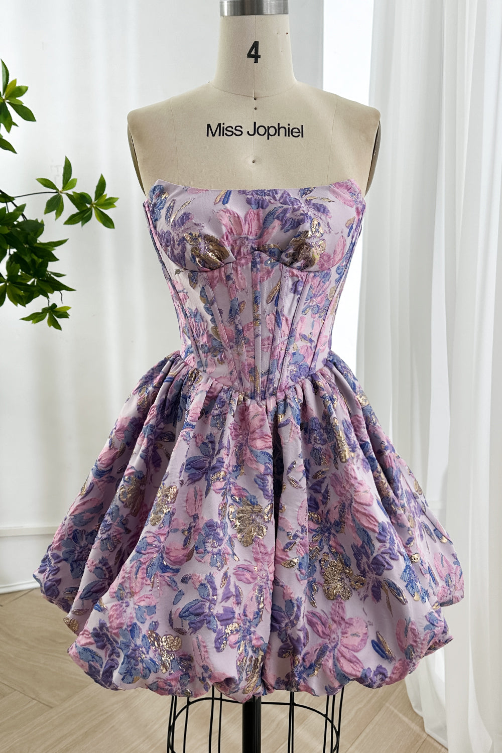 Lilac Floral Brocade Corset Mini Dress with Bubble Skirt