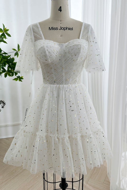 Gold Starry Tulle Sweetheart White Mini Dress with Flutter Sleeves