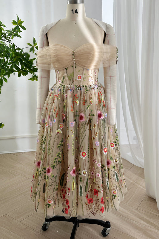 Vintage Inspired Wildflower Floral Embroidery Off-The-Shoulder Evening Dress