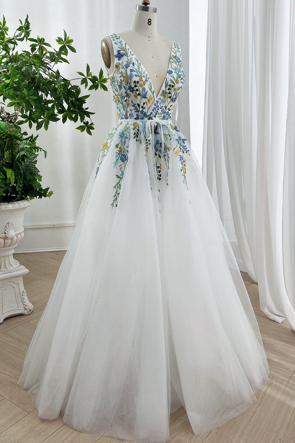 Graceful floor-length flowing skirt romantic prom evening event whimsical fairy aesthetic pastel blossoms