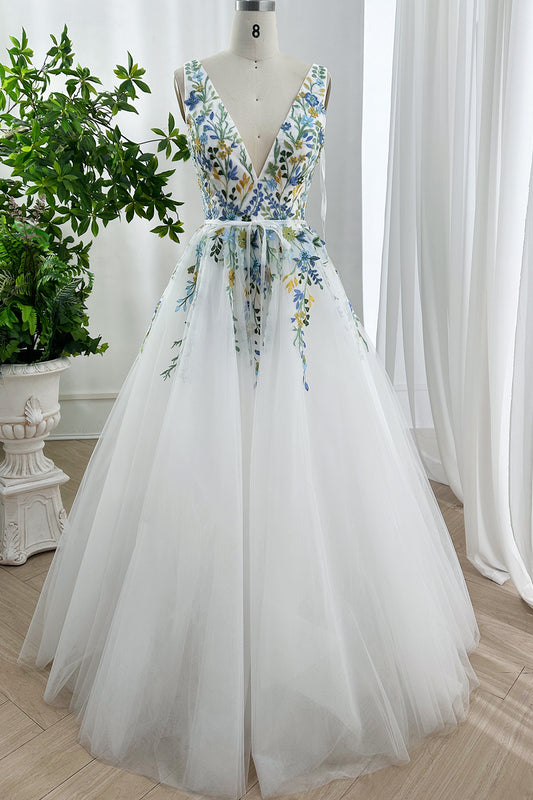 Elegant floral embroidered white tulle A-line bridal gown garden wedding sleeveless plunging neckline MissJophiel