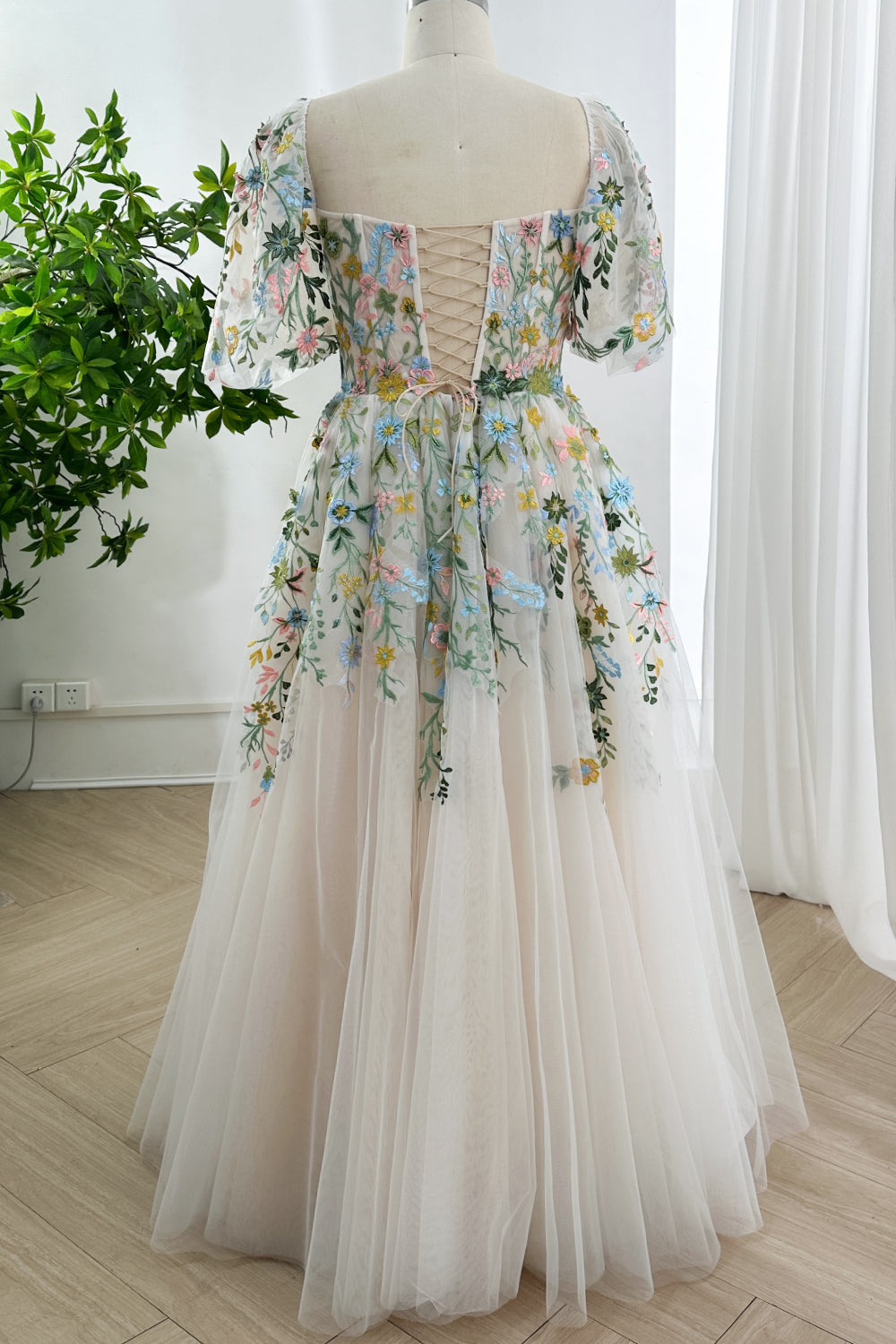 Romantic Square Neck Puff Sleeve Fairy Garden Dress