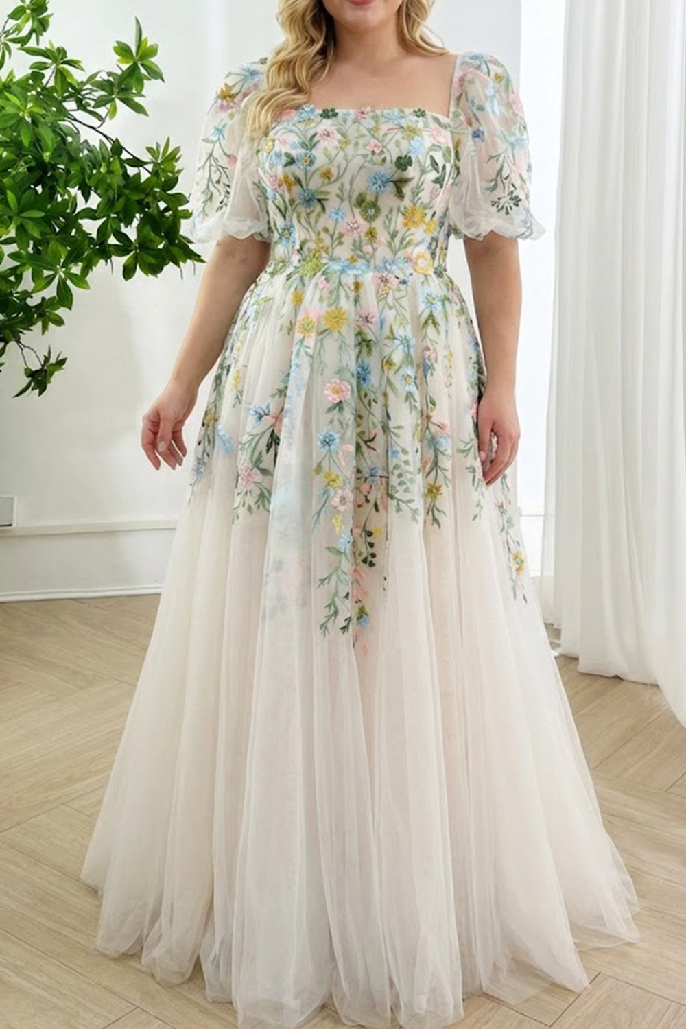 Floral Embroidered Tulle Prom Dress