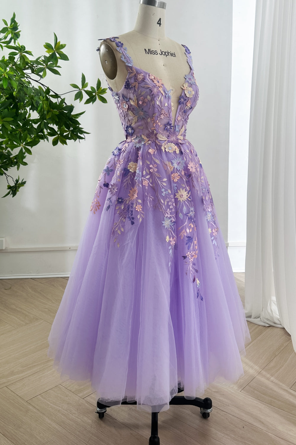 Enchanted Lavender Garden Embroidery Tulle Midi Dress