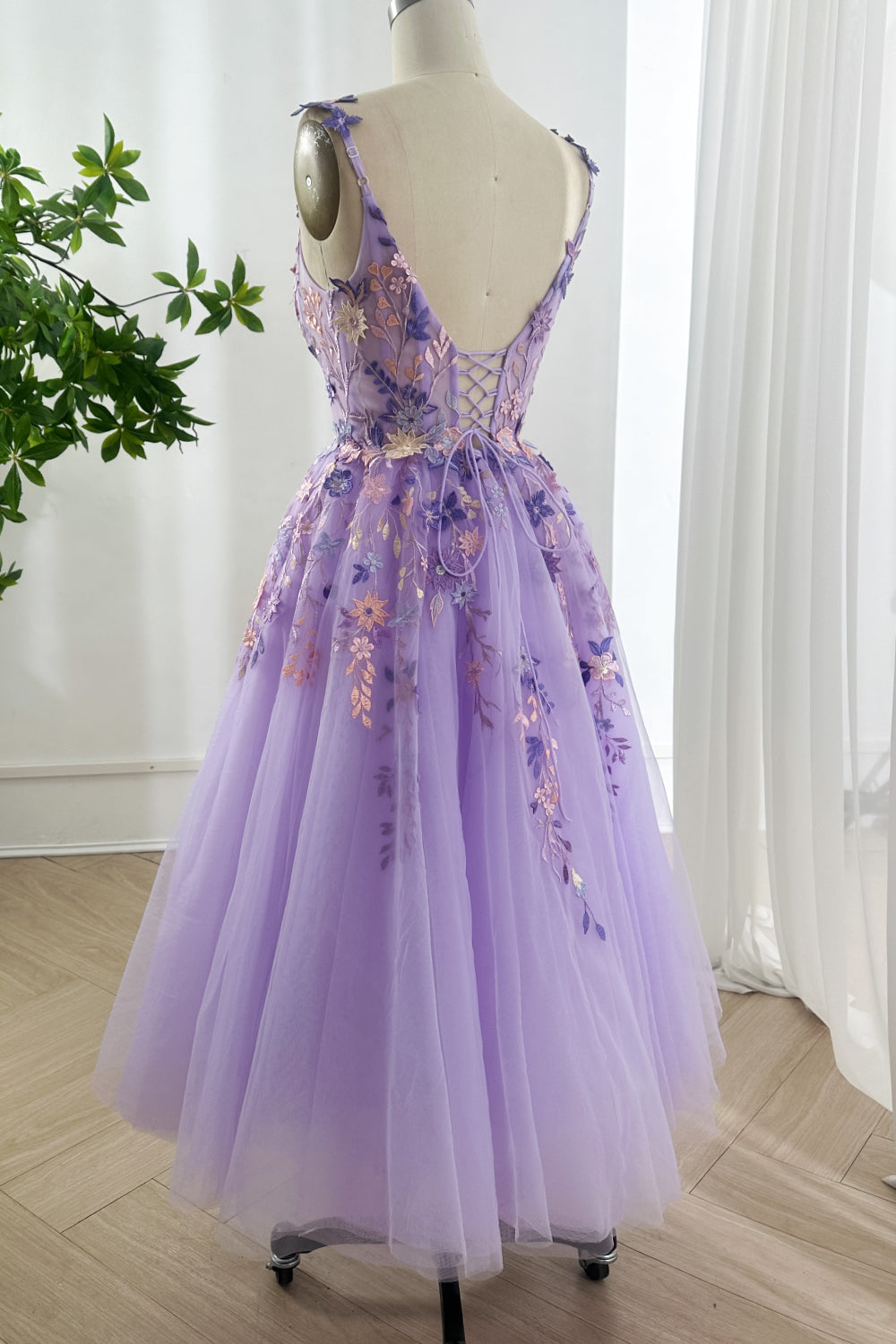 Enchanted Lavender Garden Embroidery Tulle Midi Dress