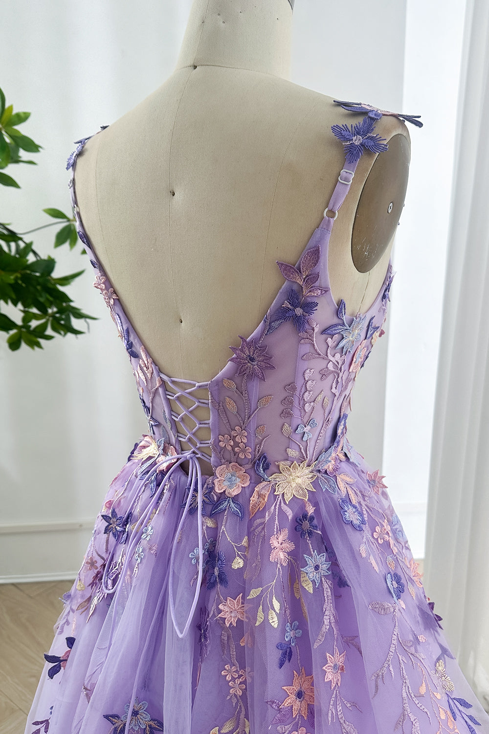 Enchanted Lavender Garden Embroidery Tulle Midi Dress