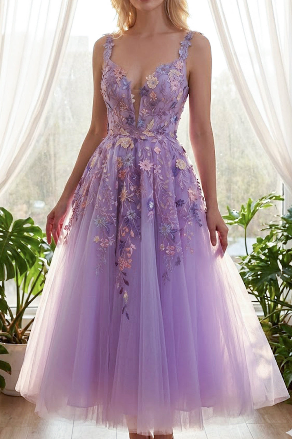 MissJophiel Lavender Embroidered Tulle Tea-Length Prom Dress Custom Color / Above Knee / US12