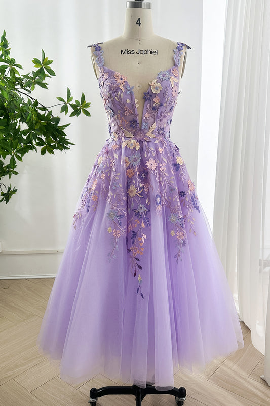Enchanted Lavender Garden Embroidery Tulle Midi Dress