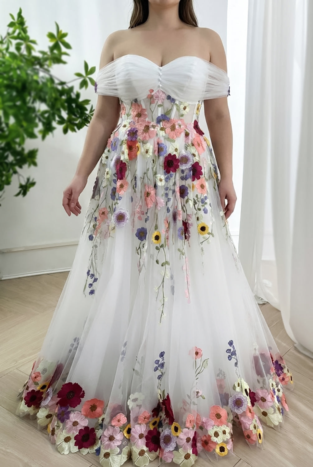 Off the Shoulder Floral Embroidered Tulle Ball Gown with Corset Back