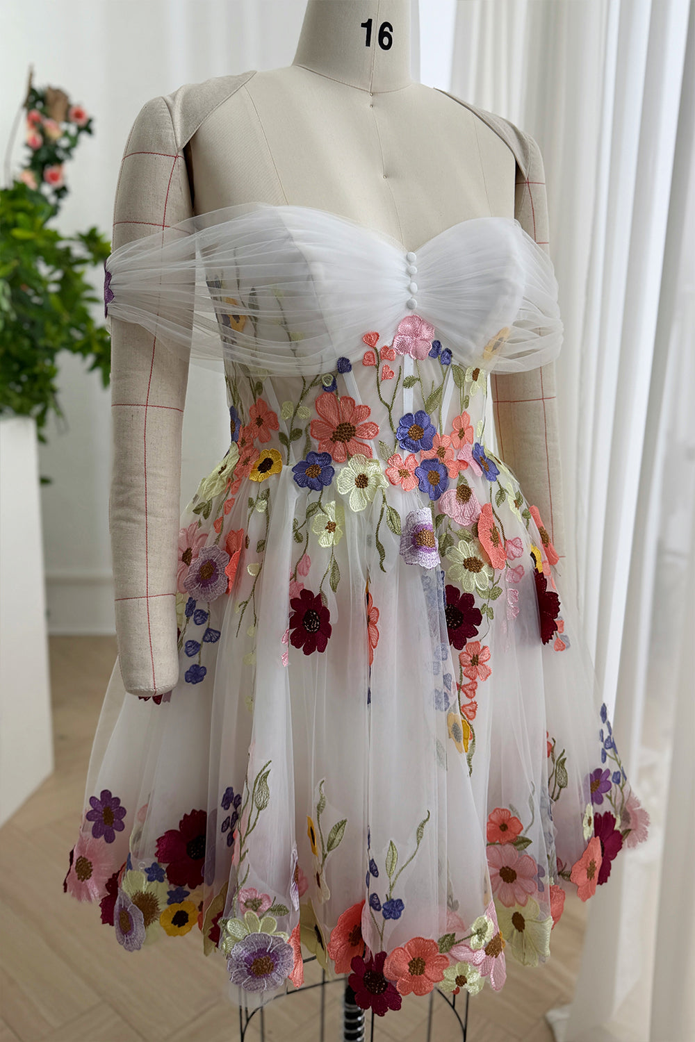 Off the Shoulder Floral Embroidered Tulle Ball Gown with Corset Back