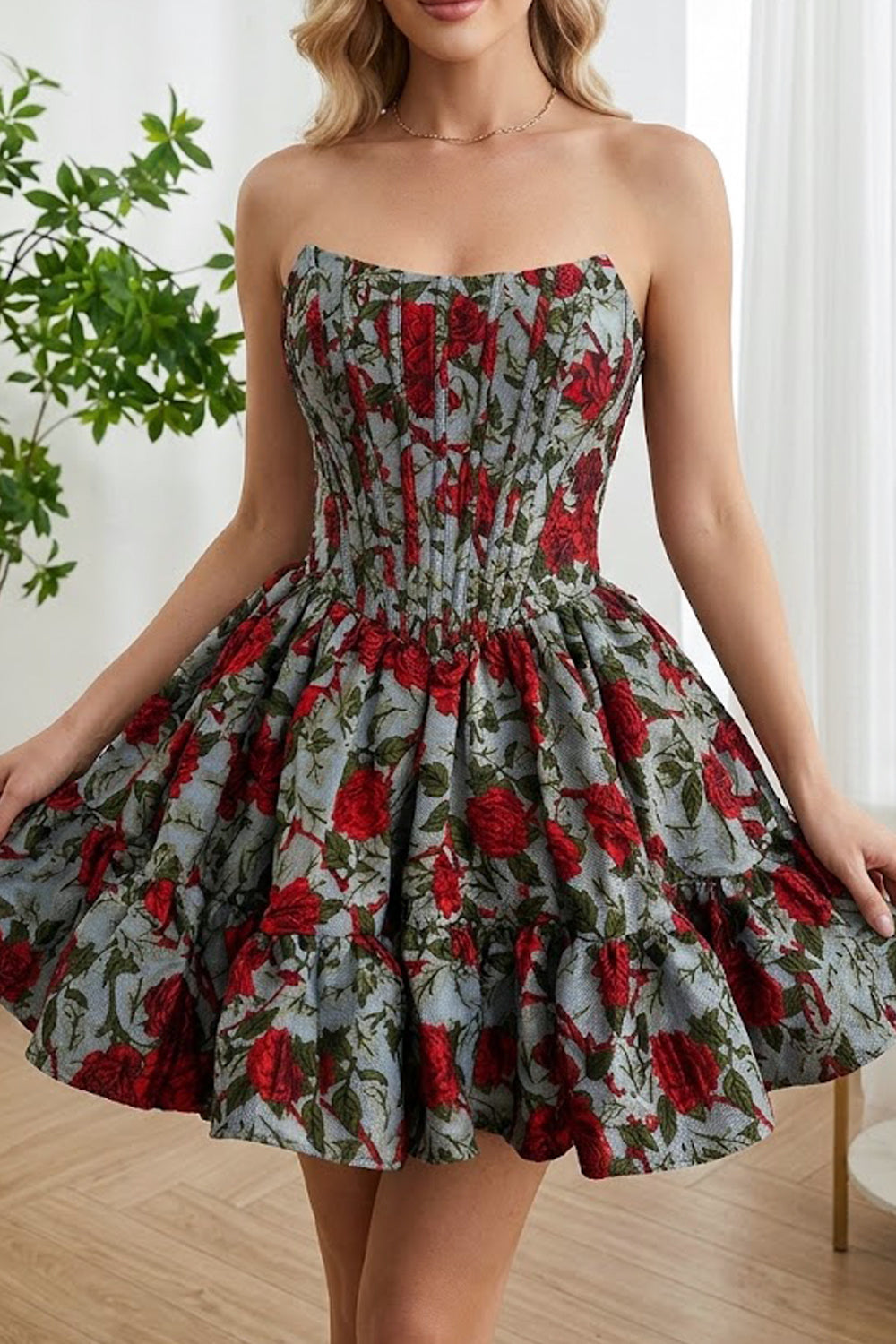 Red Rose Corset Mini Dress with Tiered Ruffle Skirt