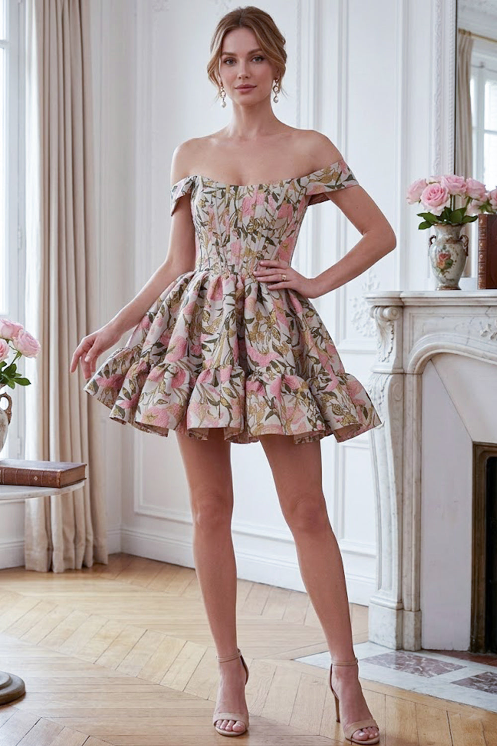 Blush Bloom Off Shoulder Corset Mini Dress with Ruffled Hem