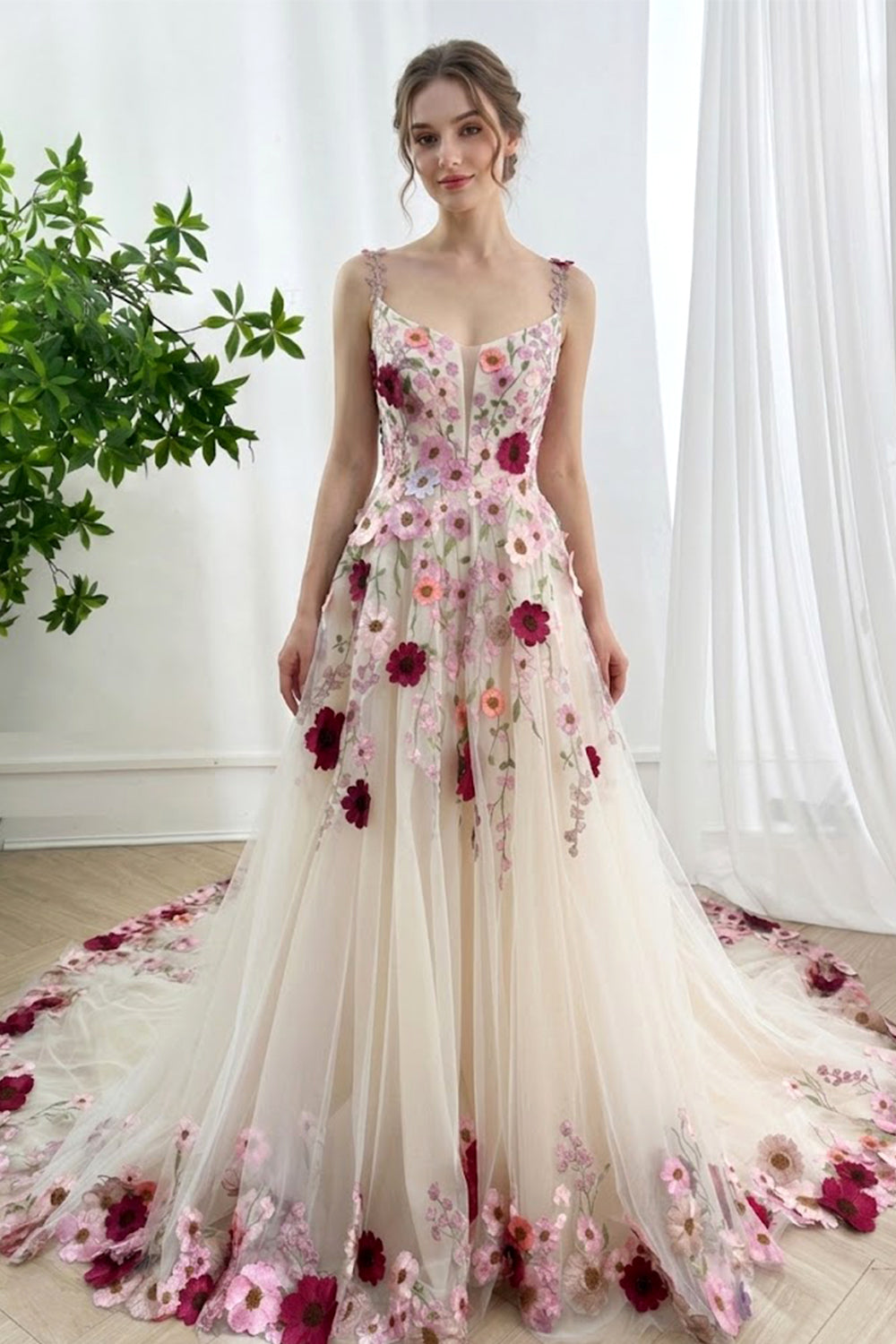 Romantic Blush Floral Applique Tulle Wedding Dress with Cathedral Train