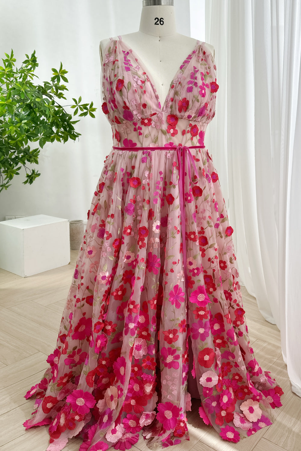 Fuchsia Pink Floral Embroidered Tulle V-Neck A-Line Prom Dress with Lace-Up Back