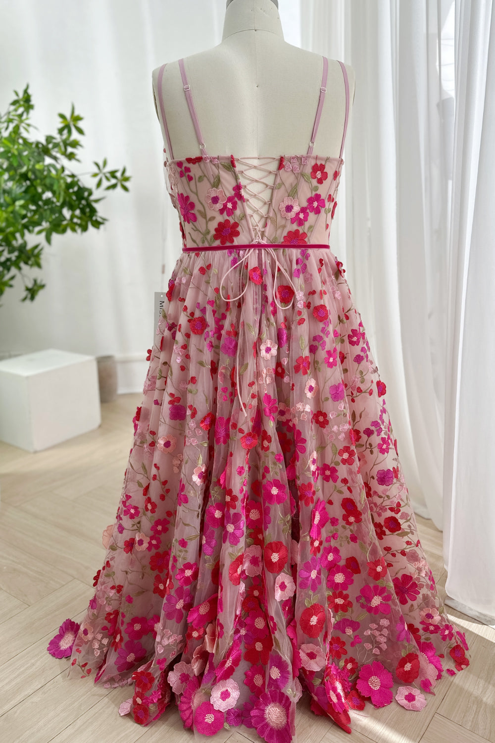 Fuchsia Pink Floral Embroidered Tulle V-Neck A-Line Prom Dress with Lace-Up Back