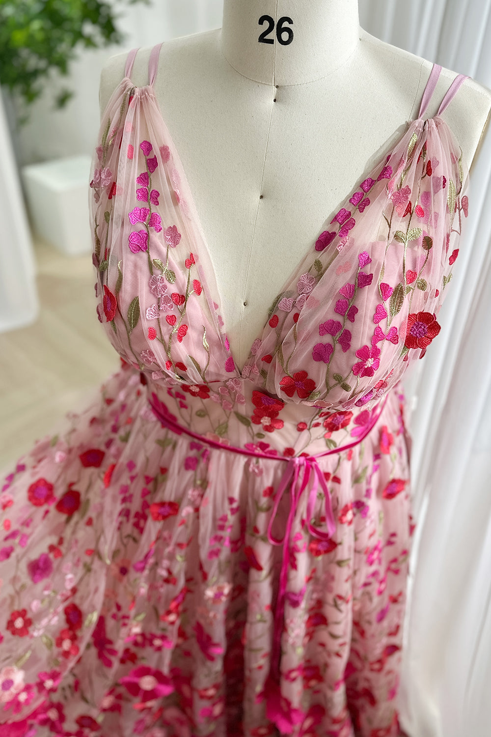 Fuchsia Pink Floral Embroidered Tulle V-Neck A-Line Prom Dress with Lace-Up Back