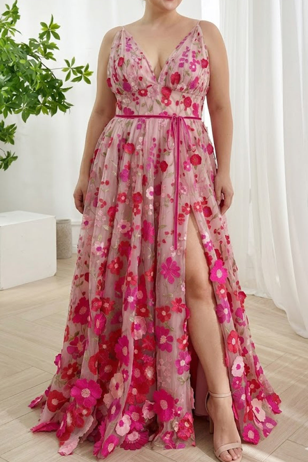 Fuchsia Pink Floral Embroidered Tulle V-Neck A-Line Prom Dress with Lace-Up Back