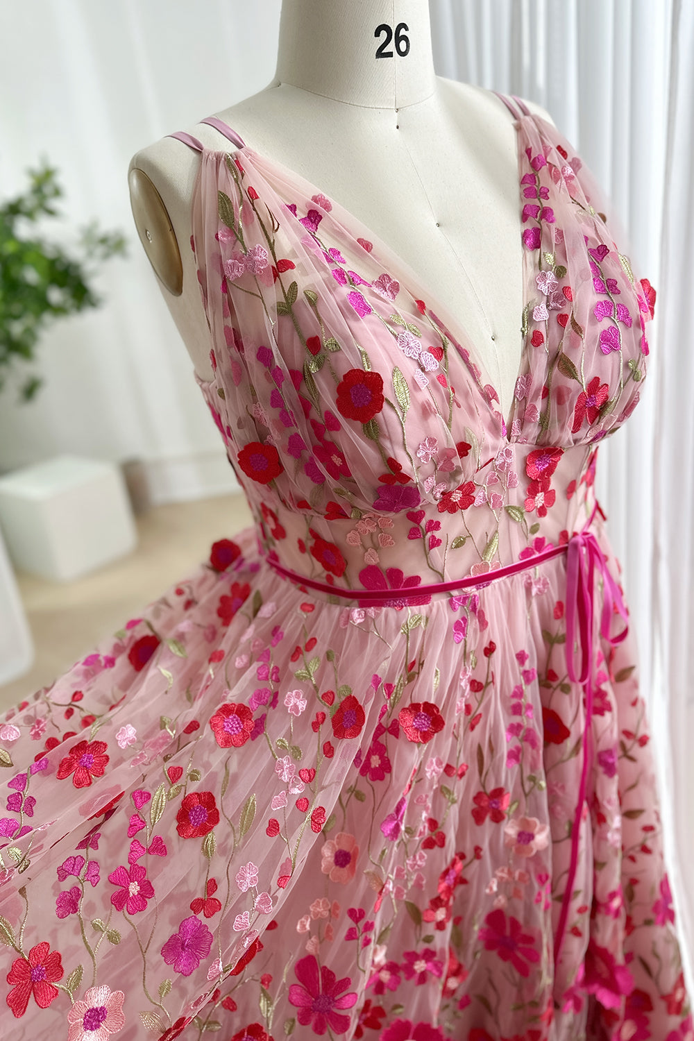 Fuchsia Pink Floral Embroidered Tulle V-Neck A-Line Prom Dress with Lace-Up Back