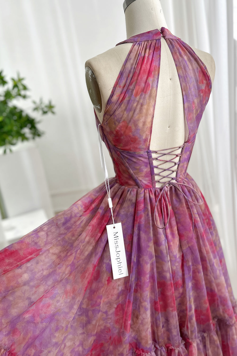 Pink Purple Floral Halter Corset Tulle Midi Dress | Romantic Tea Length Dress Fuchsia / Floor Length / US10
