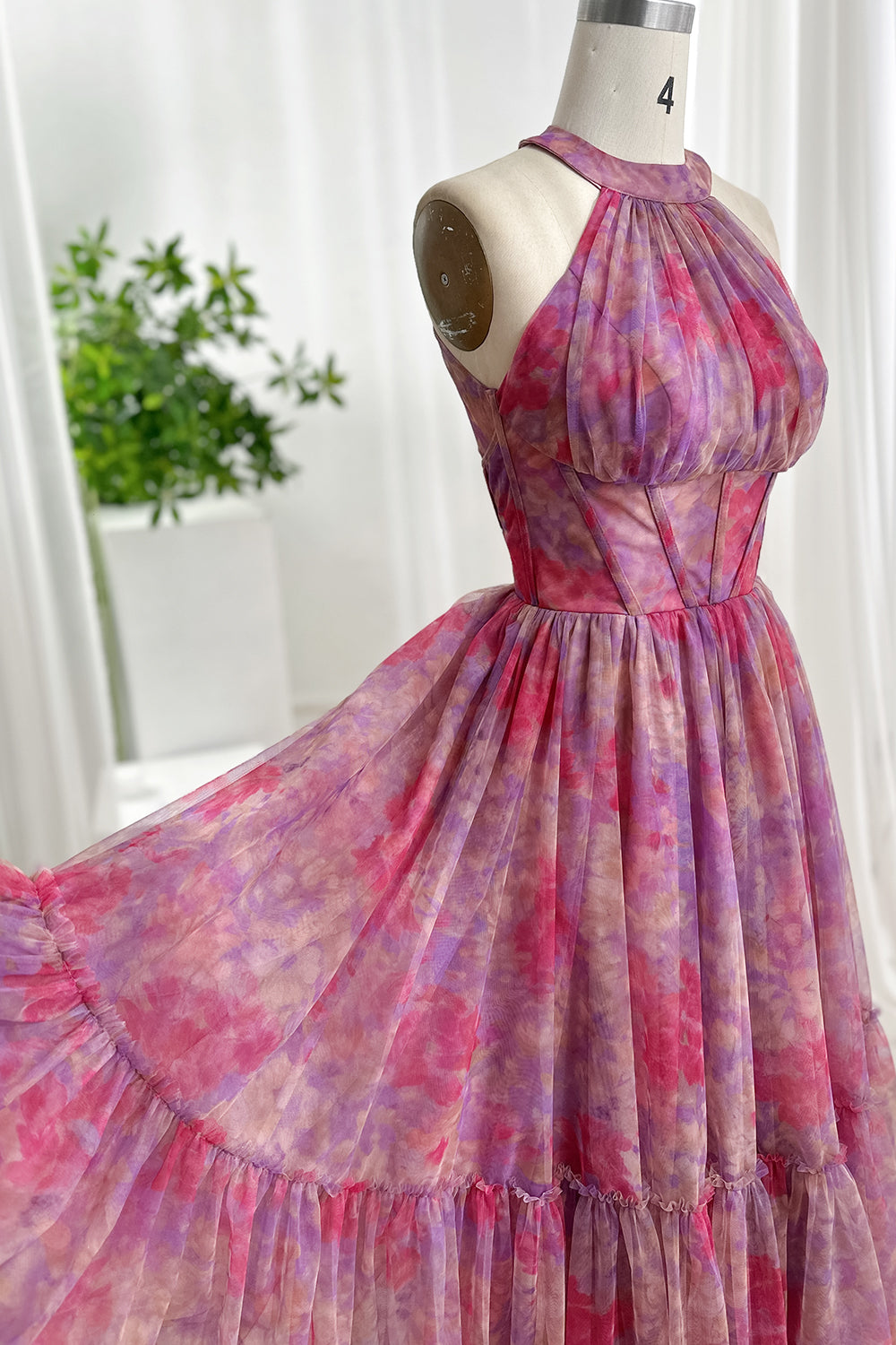 Pink Purple Floral Halter Corset Tulle Midi Dress