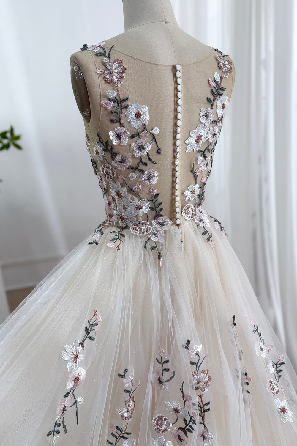 Ivory Champagne Blend Floral Embroidered Tulle A-Line Wedding Dress with Illusion Bodice