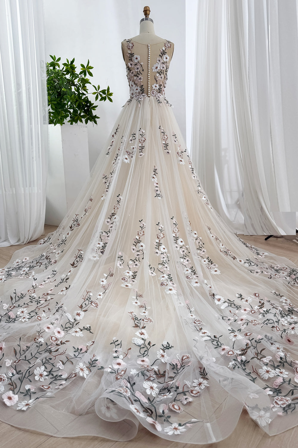Ivory Champagne Blend Floral Embroidered Tulle A-Line Wedding Dress with Illusion Bodice