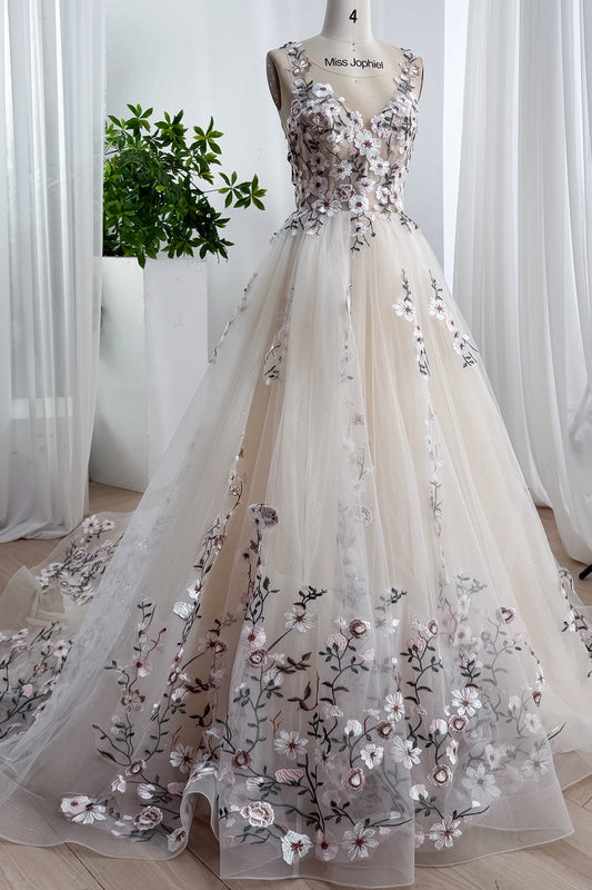 Ivory Champagne Blend Floral Embroidered Tulle A-Line Wedding Dress with Illusion Bodice