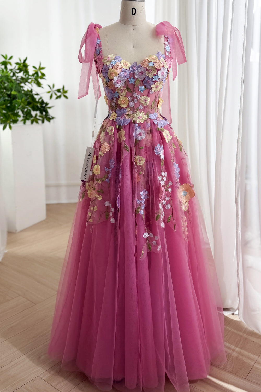 Pink Fuchsia Floral Embroidered Prom Dress Corset Tulle Gown MissJophiel Pink Fuchsia Floral Embroidered Prom Dress Corset Tulle Gown MissJophiel