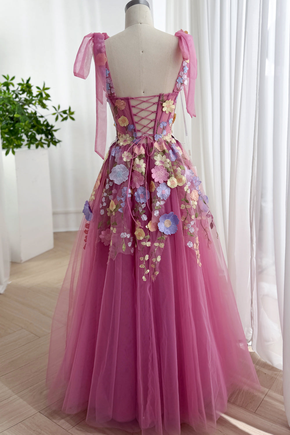 Pink Fuchsia Floral Embroidered Prom Dress Corset Tulle Gown – MissJophiel