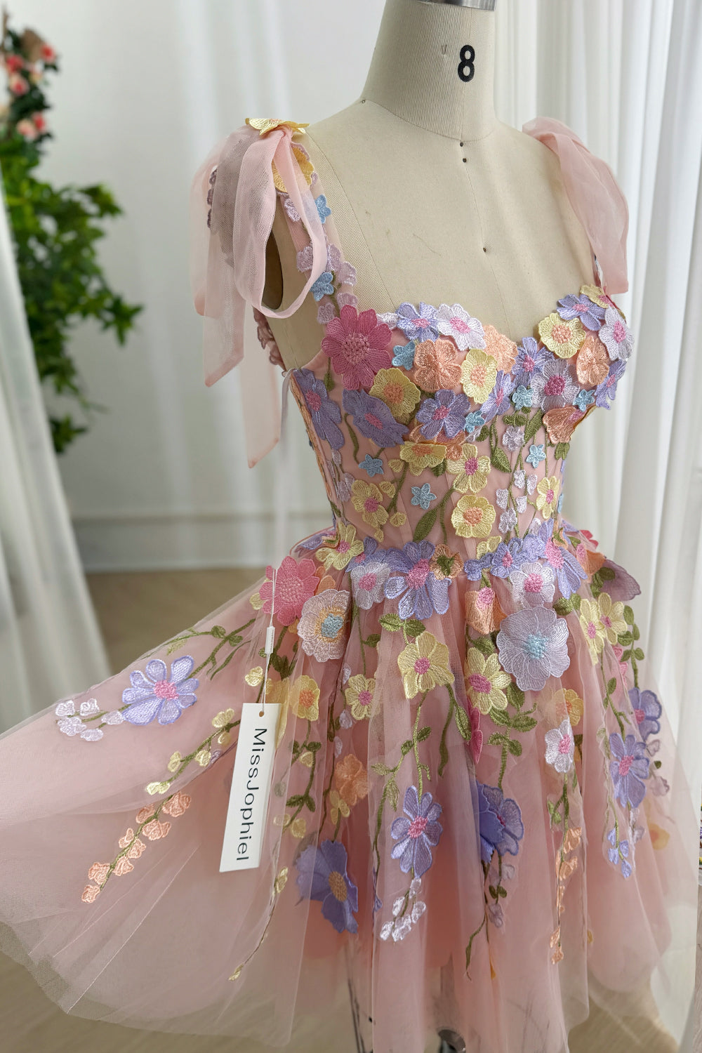 Pink Fuchsia Floral Embroidered Tulle Corset Prom Dress with Removable Straps
