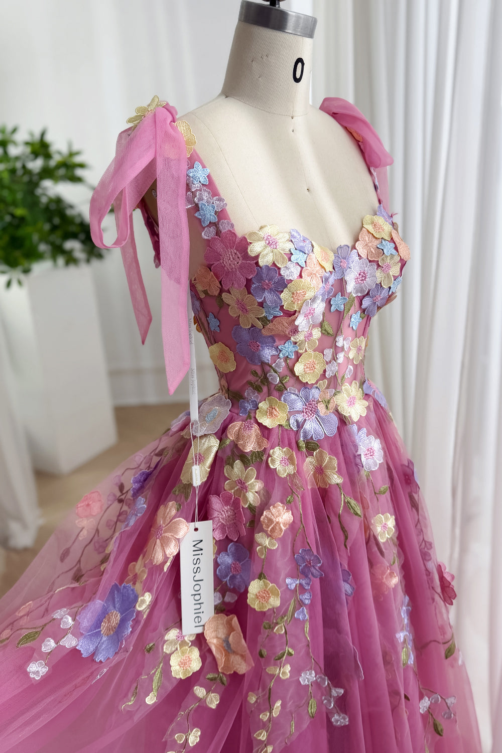 Pink Fuchsia Floral Embroidered Prom Dress Corset Tulle Gown – MissJophiel