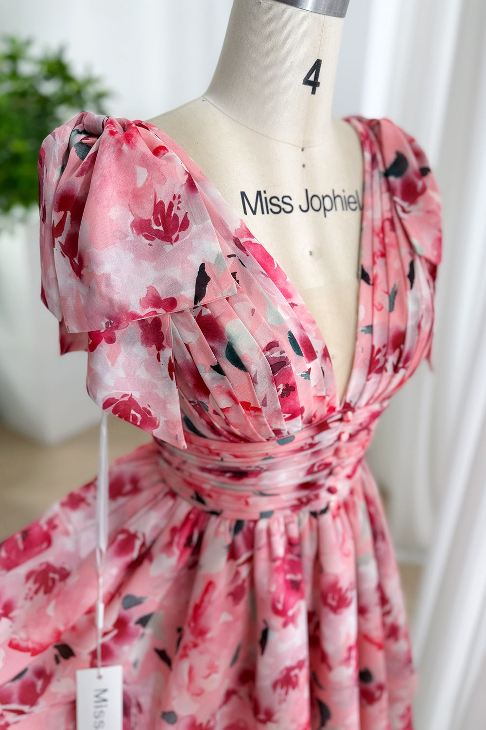 Pink Floral Chiffon Short Prom Dress Deep V Neck Custom Color / Above Knee / US14
