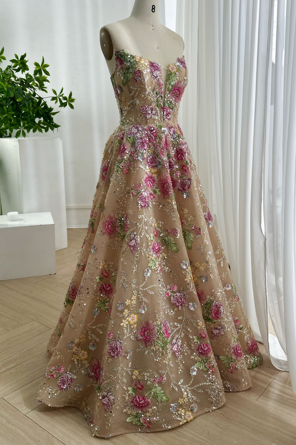Strapless Blush Champagne Floral Embroidered Glitter Tulle Ball Gown