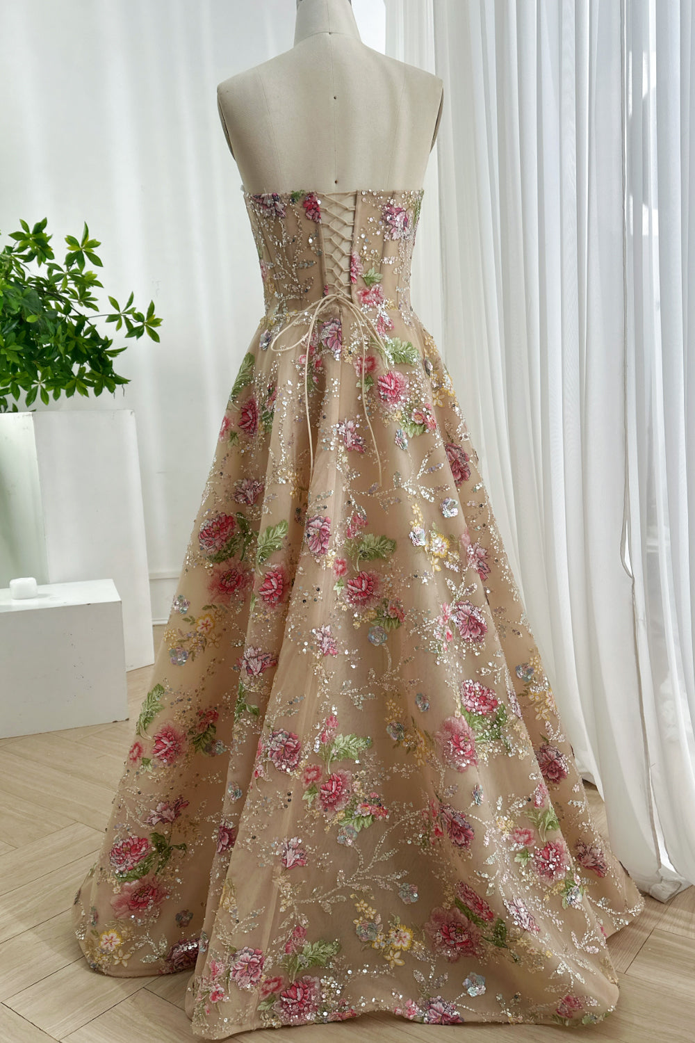 Strapless Floral Embroidered Prom Dress with Corset Back – MissJophiel