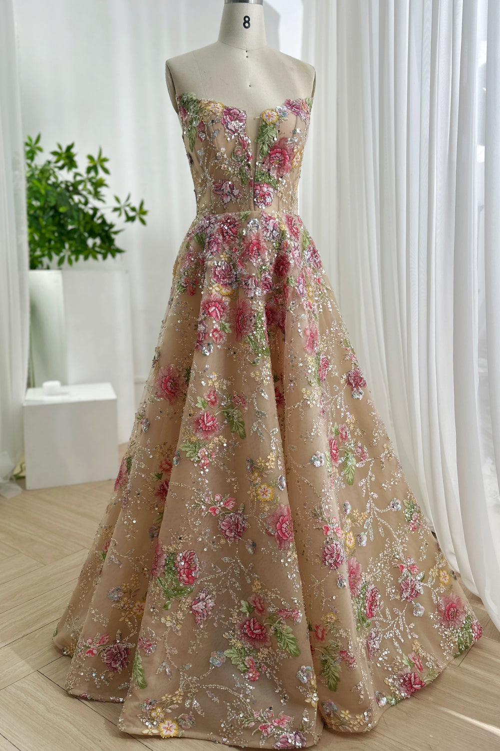 Strapless Blush Champagne Floral Embroidered Glitter Tulle Ball Gown