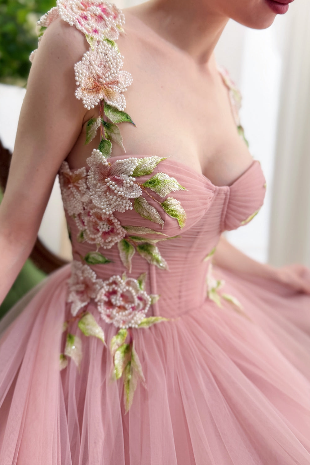 Blush Pink 3D Floral Applique Corset Tulle Midi Dress with Lace Up Back