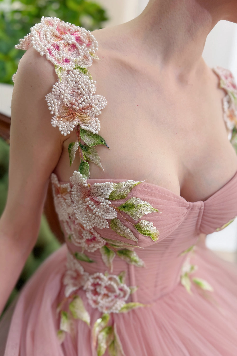 Blush Pink 3D Floral Applique Corset Tulle Midi Dress with Lace Up Back
